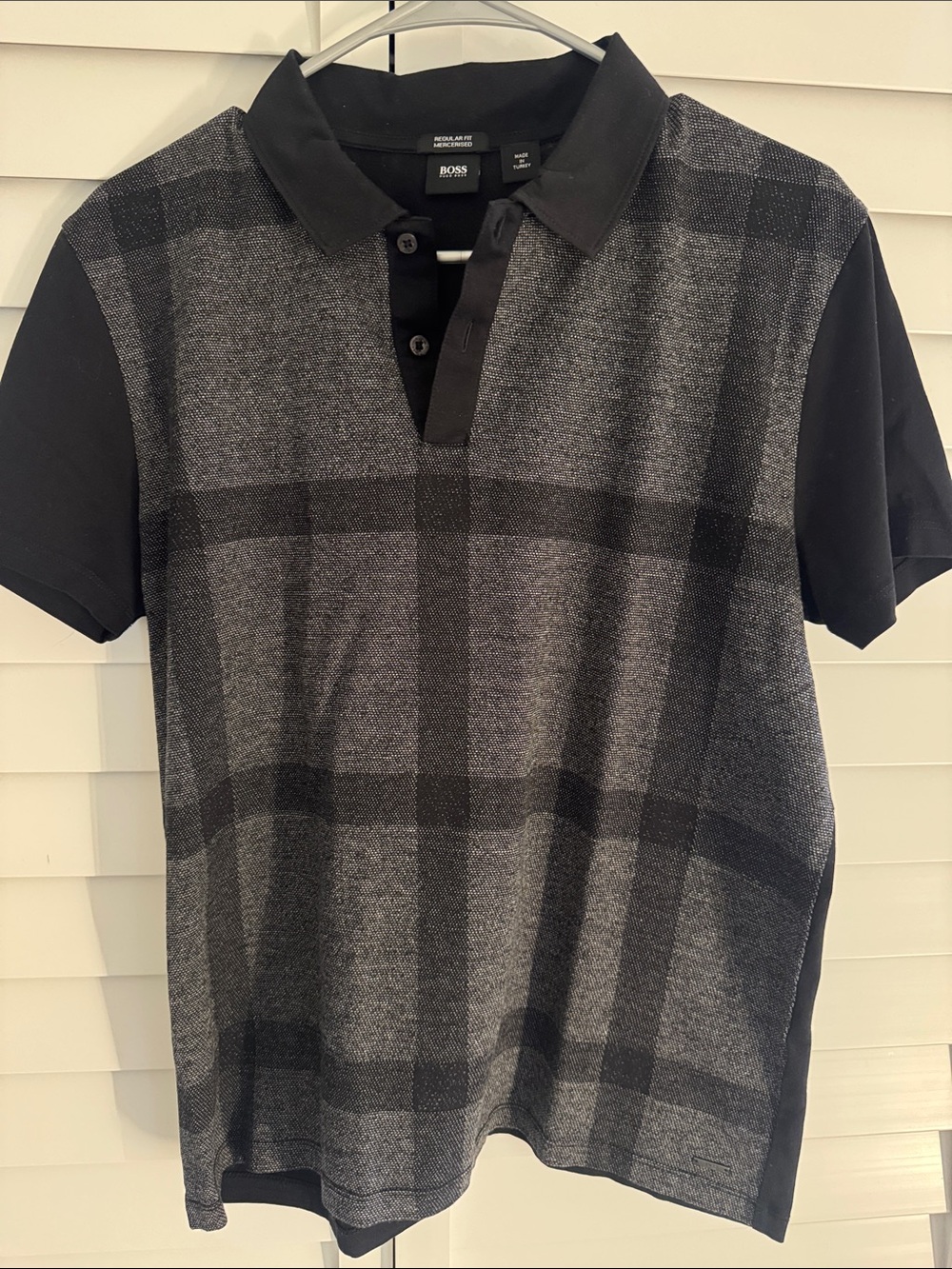 BOSS Men's Black & Gray Plaid Short-Sleeve Polo